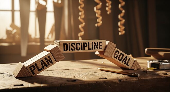 Wooden blocks with plan discipline and goal text on table