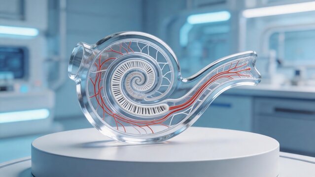 Futuristic 3D printed cochlear implant model in a high-tech medical research laboratory environment