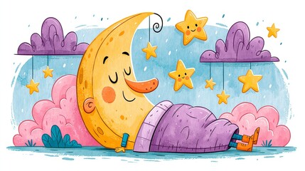 Naklejka premium Nursery clipart of a sleeping crescent moon with stars and clouds in the night sky. Sweet dream collection isolated on a white background, perfect for baby decor, storybooks, invitations, and nursery 