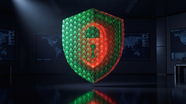 Cybersecurity data protection shield with glowing padlock network