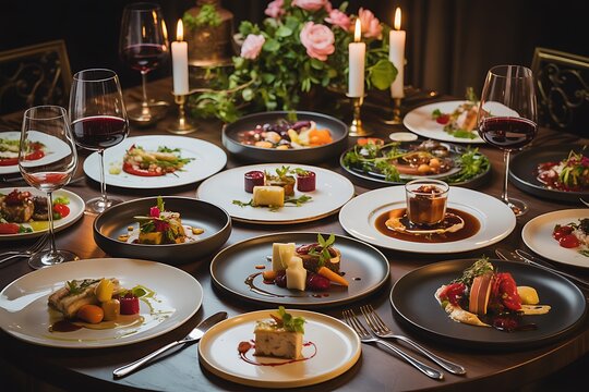 Many dishes are laid out on the table, and candles are burning high resolution picture