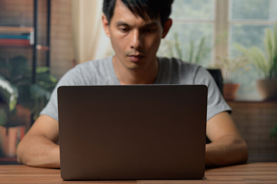 Young Man Using Laptop at Home in Cozy Living Room with Plants and Natural Light