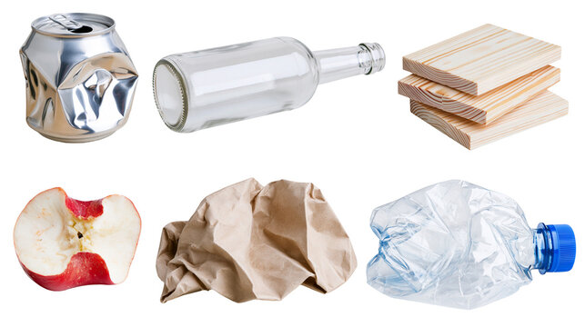 Crushed aluminum can glass bottle wood planks apple core crumpled paper, plastic bottle