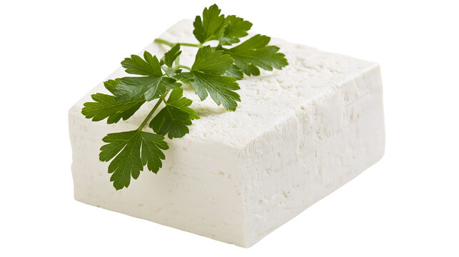 Block of white feta cheese with fresh parsley sprig