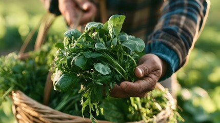 Naklejka premium A person holds a fresh bundle of leafy greens above a woven basket filled with more harvested vegetables