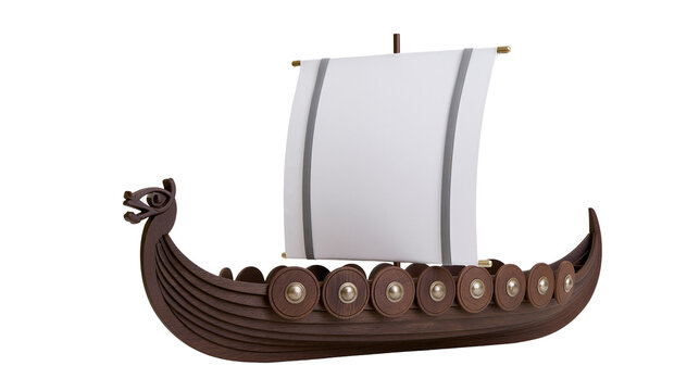 Wooden Viking longship with dragon head prow and white sail