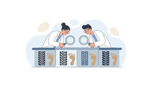 Scientists compare tire tracks and human footprints side by side using magnifying glasses to analyze patterns for forensic research purposes.