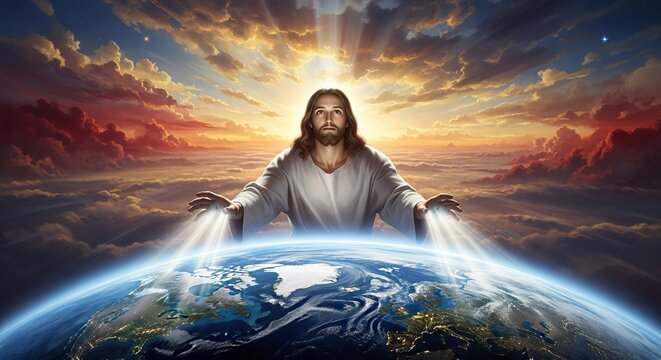 Jesus witnesses a divine moment of creation while shaping the world amongst the skies and clouds