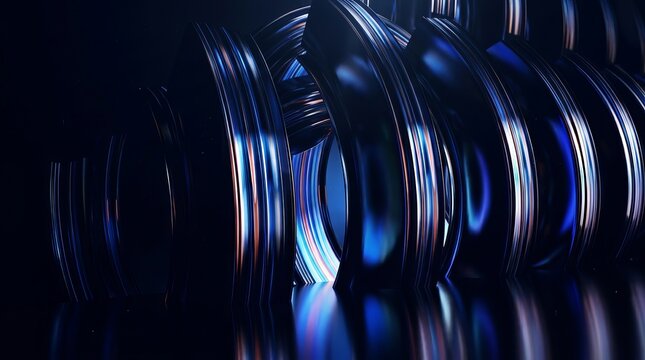 Shiny metallic coils with blue and purple hues on dark background