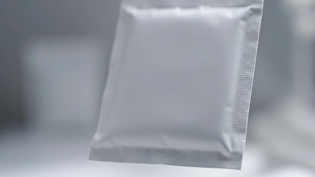 White sachet floating and rotating in studio