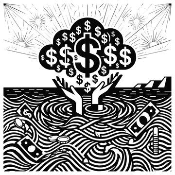 Surreal illustration of someone drowning in a sea of money and struggle, reaching for a dollar sign cloud representing debt and a financial crisis.