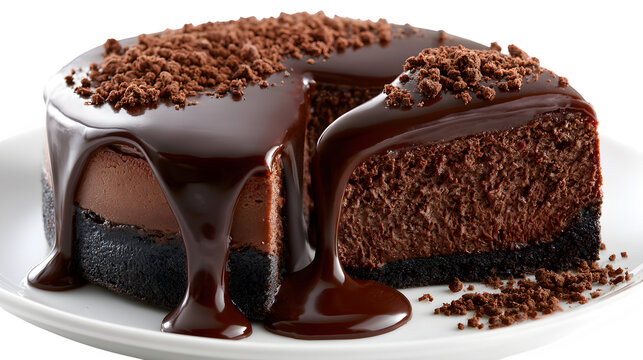 Decadent chocolate cheesecake with rich fudge topping and cookie crumbles isolated on transparent background