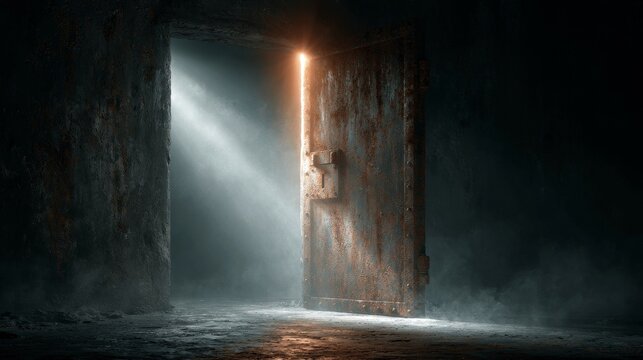Heavy rusted iron prison door ajar with light streaming in.