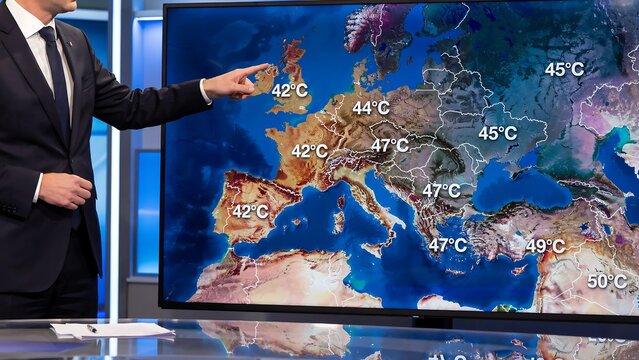 Man in formal business suit gesturing toward weather map showing dangerous high temperatures across European countries during live news segment in high tech television studio space.