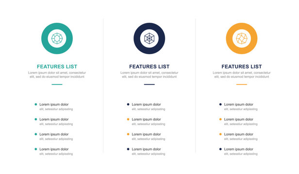 Three column comparative lists business infographic presentation template with circular geometric jewel shapes and bulleted description point rows