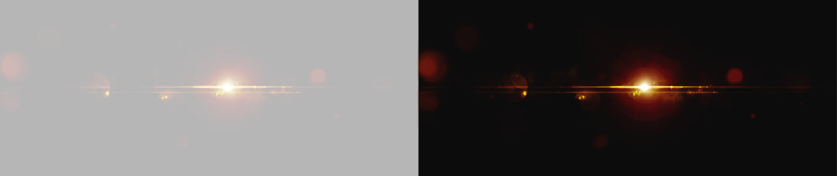 Glowing gold anamorphic lens flare with warm bokeh particles isolated on grey ang black background