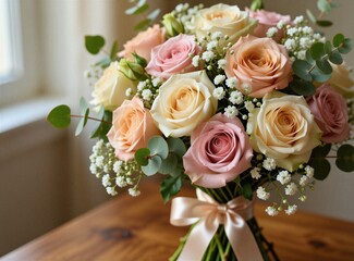 Obraz premium Pastel rose bouquet with baby breath and eucalyptus. Soft pink cream peach flowers tied with satin ribbon. Elegant floral gift for wedding, celebration or home decor.