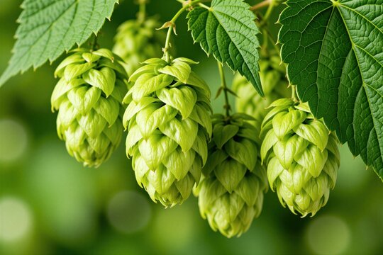 Close up view of green hop cones hanging from a plant branch. Fresh hop flowers are a key ingredient in beer making and brewing processes.