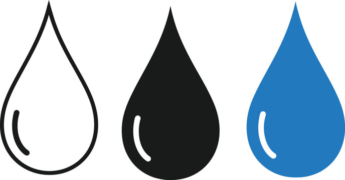 Three stylized teardrop or waterdrop shapes in black white and blue
