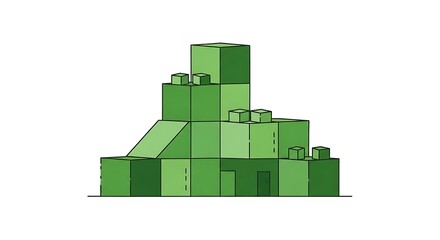 Obraz premium 3D green toy blocks stacked into a creative multi-layered castle structure, featuring cubes, slopes, and geometric shapes.