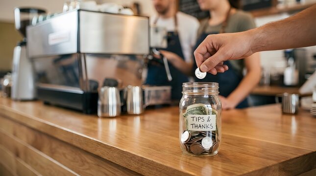Customer's hand placing a coin into a glass 'Tips & Thanks' jar on a wooden cafe counter with blurred baristas in the background.