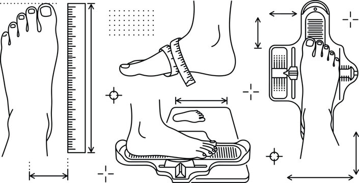 Foot measurement guide icons and shoe sizing tools line art illustration collection for retail