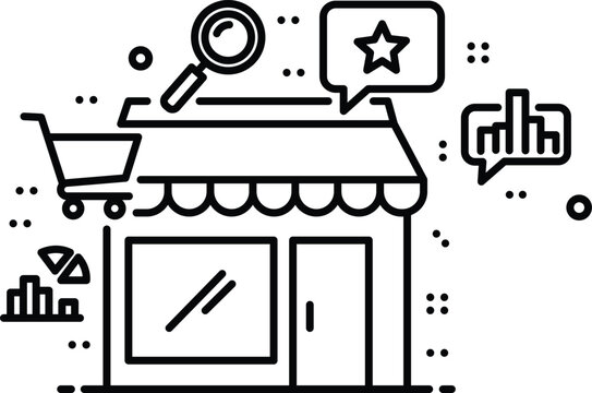 Flatline storefront with shopping cart, magnifying glass, star rating, and analytics lineart