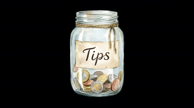 Watercolor Illustration of a Glass Tip Jar Filled with Coins