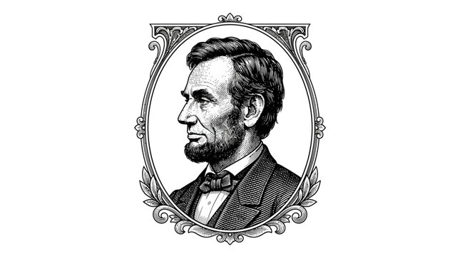 Engraved portrait of Abraham Lincoln in a vintage decorative frame isolated on white.