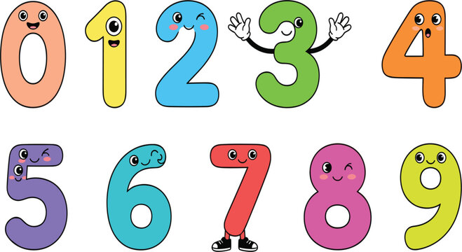 Cute Cartoon Number Vector Set from Zero to Nine with Funny Smiling Face Characters for Children School, Kindergarten Education, and Birthday Graphic Designs