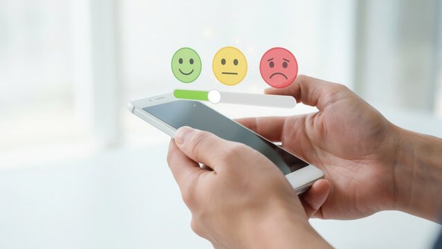 Person using a smartphone to give feedback with smiley face icons on the screen