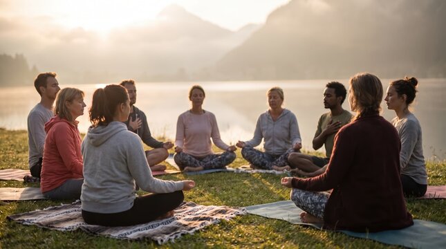 Peaceful group meditation outdoors by lake