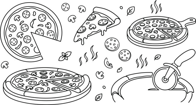 Italian pepperoni pizza slices and cutter wheel outline doodle illustration set for coloring page