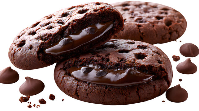 Chocolate fudge cookies with melted filling and chocolate chips isolated on transparent background
