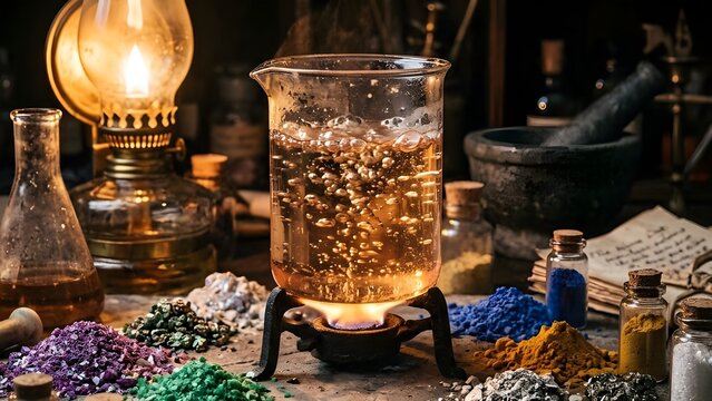 연금술사의 실험실에서 뜨겁게 끓고 있는 비커 속 황금빛 용액과 기포
Golden solution and bubbles boiling in a beaker in an alchemist laboratory