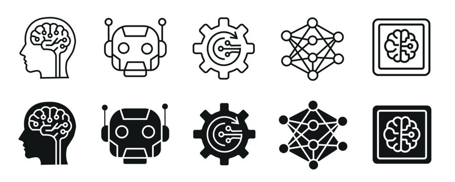 Artificial intelligence and machine learning icon set featuring human head with circuit brain robot face neural network nodes and computer processor on checkered pattern.