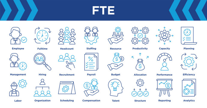 FTE icon collection set. Containing Employee, Workforce, Fulltime, Headcount, Staffing, Resource, Productivity and Capacity. editable vector.
