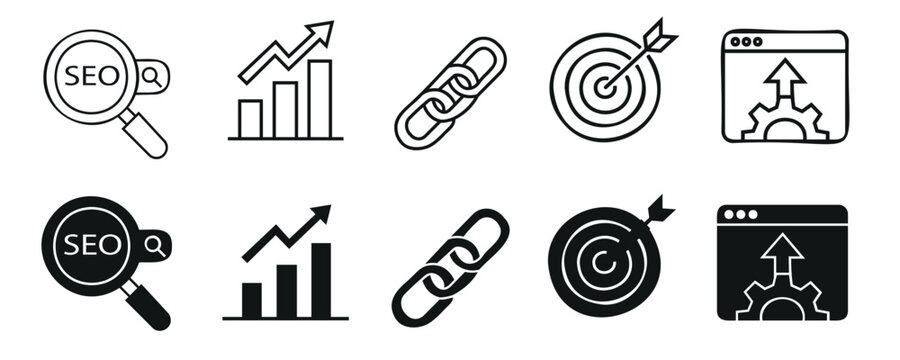 Set of seo icons. search engine optimization concept. magnifying glass with seo text. bar chart with arrow. link chain. target with arrow. web page vector.