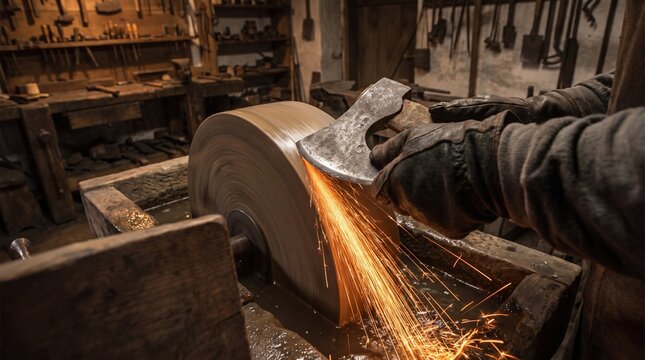 Craftsman sharpening a metal axe on a rotating grindstone in a rustic workshop with sparks flying