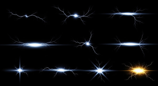 Electric bolts of light streak across a dark background. The lightning displays vary in shape and intensity, creating a dynamic and energetic visual effect.