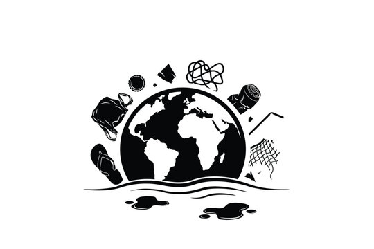 Plastic Pollution Surrounding Earth Globe Black Silhouette Illustration