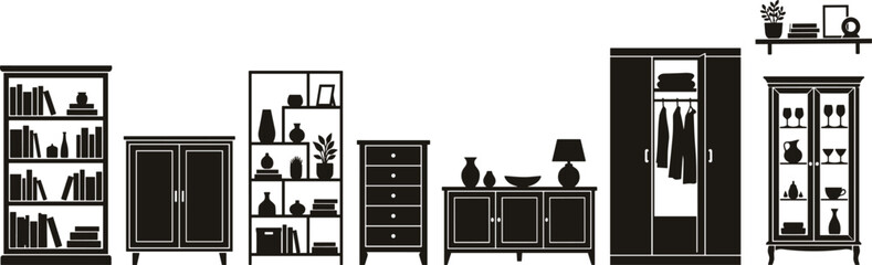 Home Furniture Silhouette Collection Featuring Bookshelves Wardrobes Cabinets Dressers Sideboards and Display Storage Units Vector Set © SHOJEB