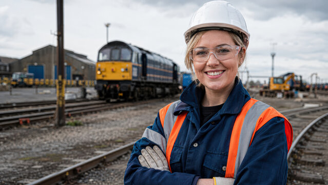 A female railway worker in safety gear stands smiling with arms crossed near train tracks and a locomotive in an industrial rail yard under a cloudy sky.
