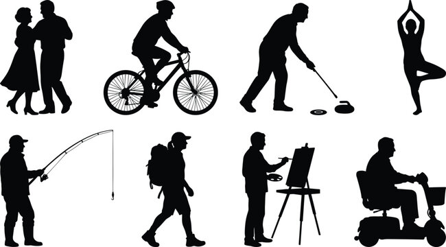 Active senior citizens hobbies and lifestyle black silhouettes set including dancing cycling curling yoga fishing hiking painting and mobility scooter