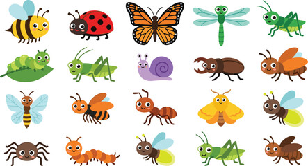 Cute Insect and Bug Vector Icon Set Featuring Colored Cartoon Butterfly Bee Ladybug Caterpillar Snail Dragonfly Spider and Beetle Illustrations for Children Educational Designs © Md