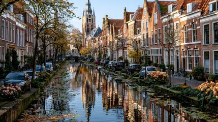 Fototapeta premium Serene canal in Delft with red brick houses and calm water reflection.