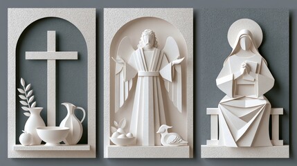 Fototapeta premium Triptych paper craft illustration featuring Mary, an angel, and the crucifix cross with layered paper elements, designed as a symbolic Christian three-panel wall art decor set.