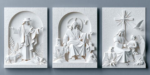 Fototapeta premium Triptych layered paper craft illustration featuring Jesus Christ on the throne, Jesus with the angel Gabriel, and Jesus in the wilderness, designed as a symbolic three-panel Christian wall art set.