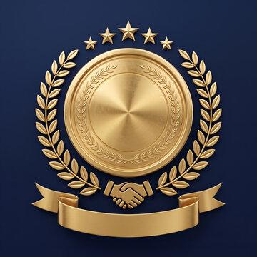 Golden seal of excellence with handshake icon and laurel wreath handshake excellence partnership business achievement agreement corporate certification collaboration professional reflection