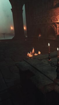 A room made of stone has several lit candles placed on the floor. A candelabra stands on a stone surface. The light from the candles creates shadows in the room.